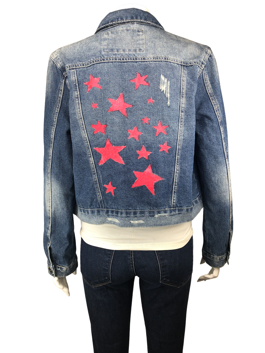 Pre Loved 91 Cotton On Teen Girls Painted Star Denim Jacket Medium Indigo Size 6 Elle Beck